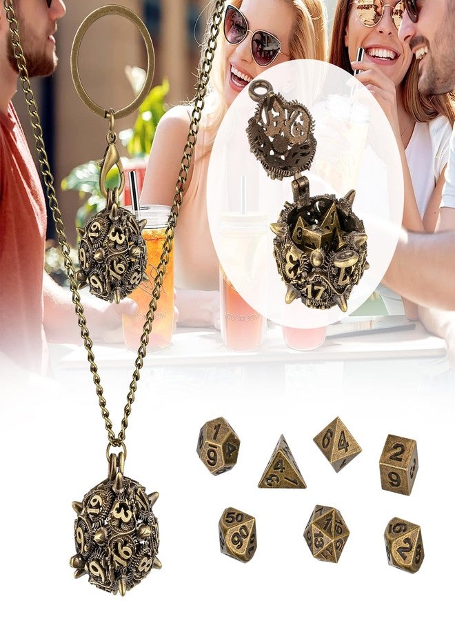 Keller & Weber Mini DND Dice Set with D20 Spike Metal Cage Portable Keychain Necklace, Tiny 7pcs Polyhedral D&D Dice Set, DND Gifts with Gift Box, D&D Accessories for RPG, Bronze - Image 3